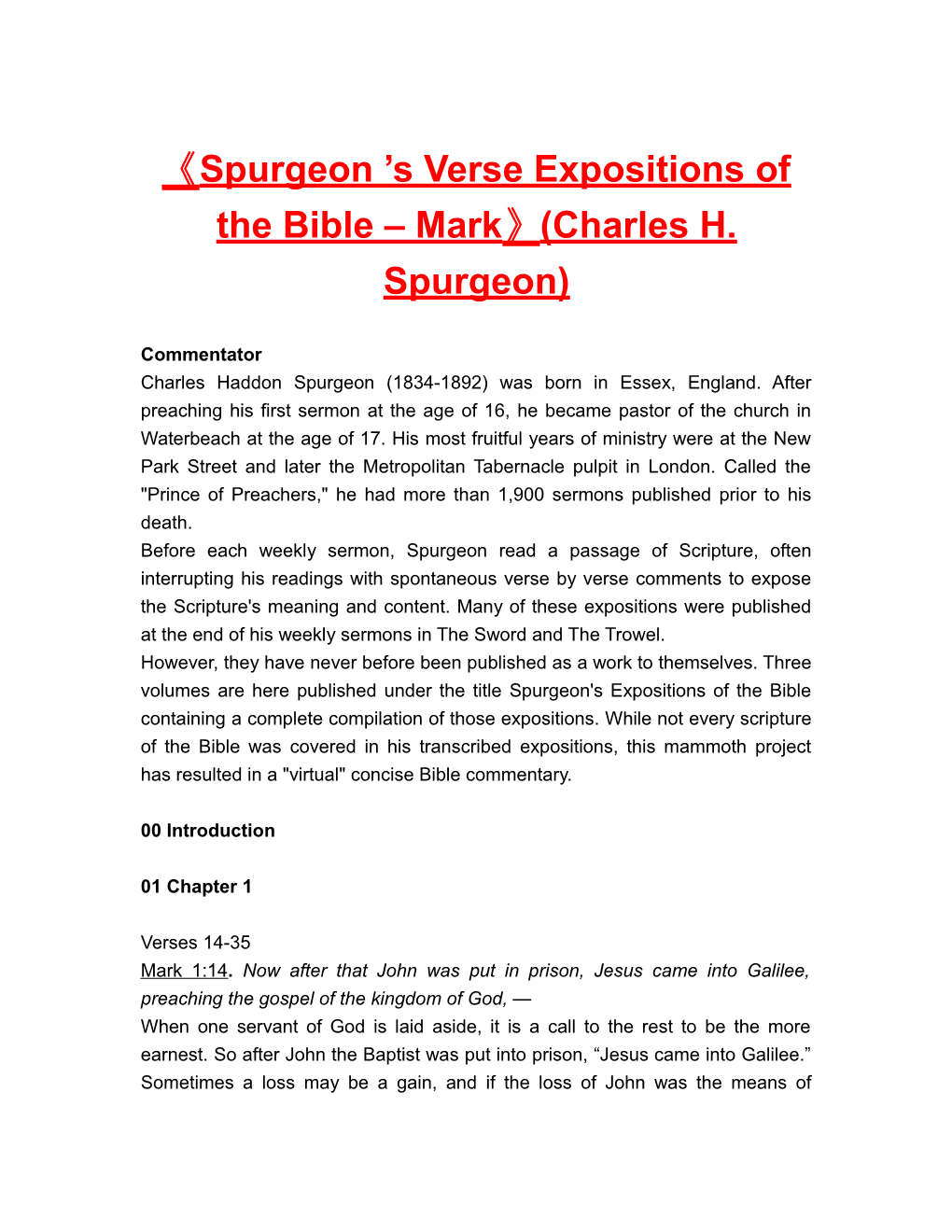 Spurgeon S Verseexpositions of the Bible Mark (Charles H. Spurgeon)