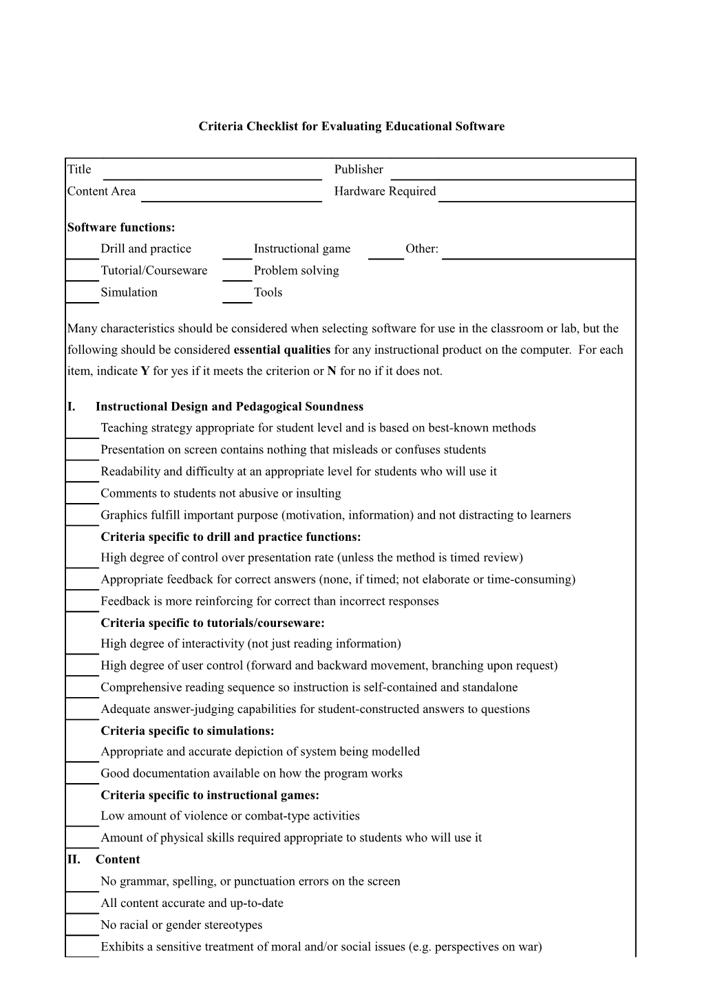 Criteria Checklist for Evaluating Instructional Courseware