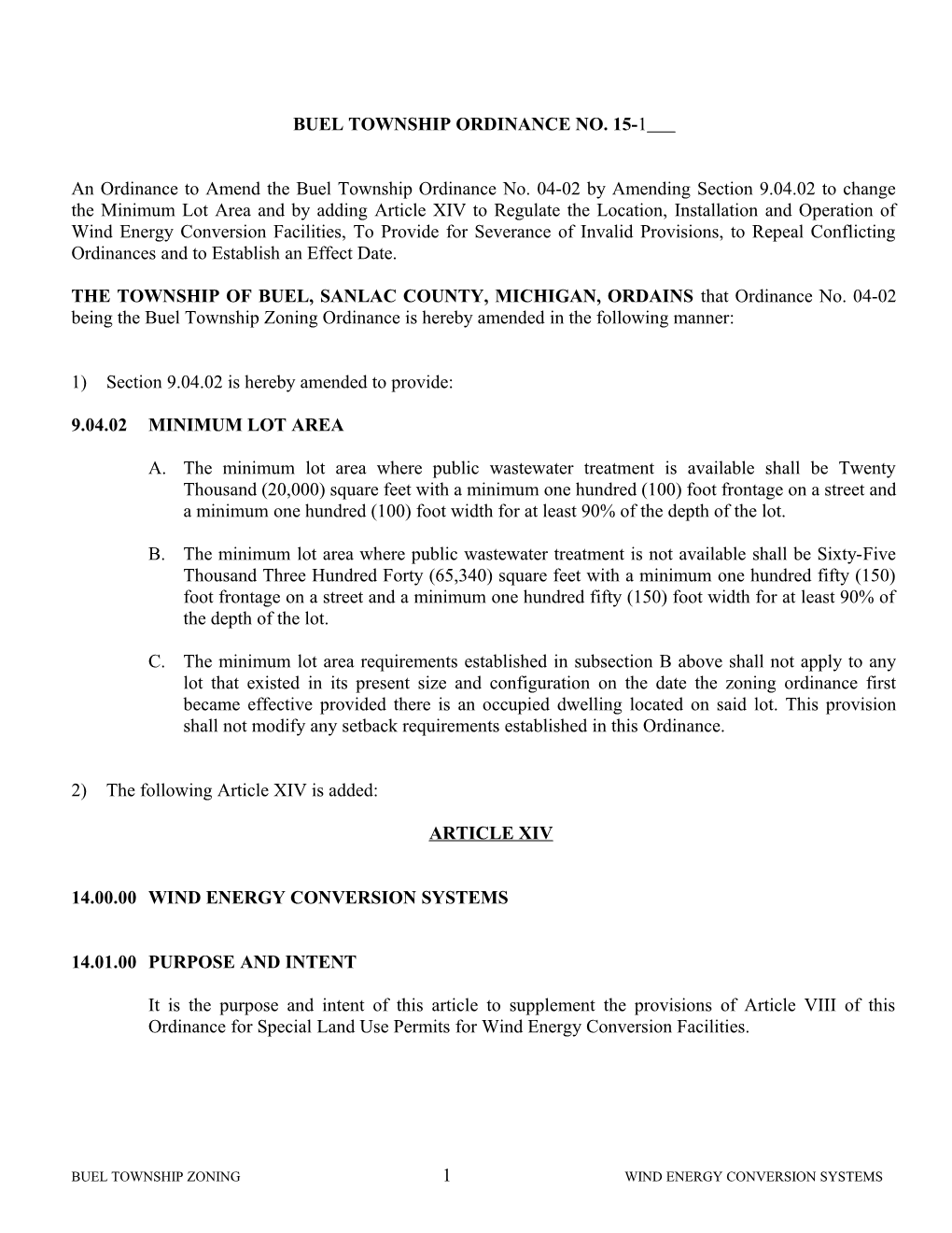 Buel Township Ordinance No. 15- 1