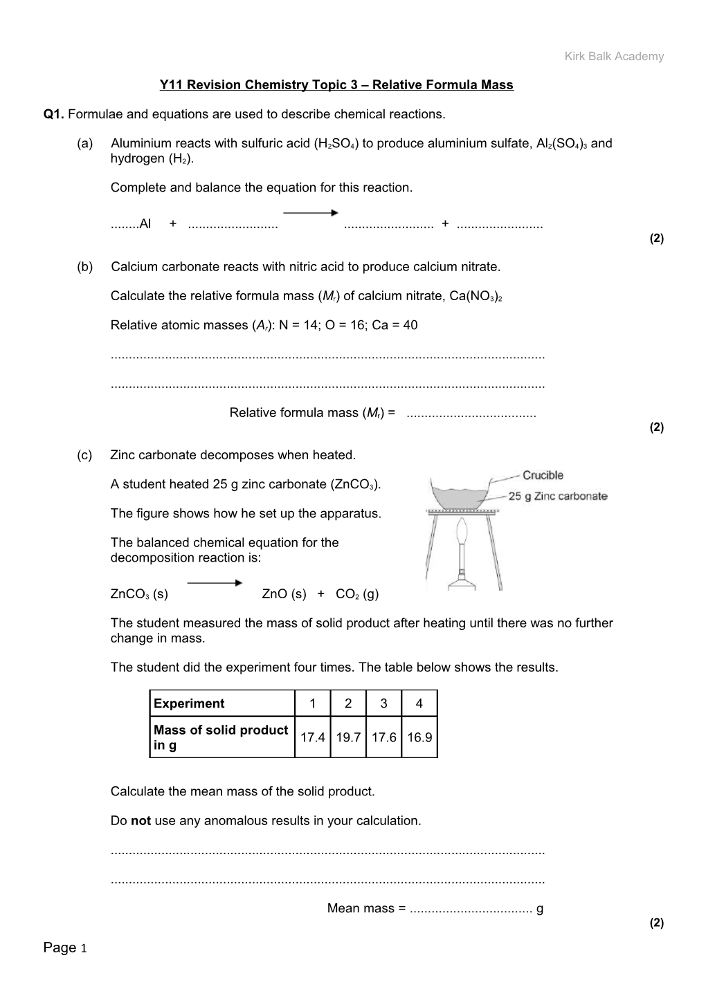 Y11 Revision Chemistry Topic 3 Relative Formula Mass