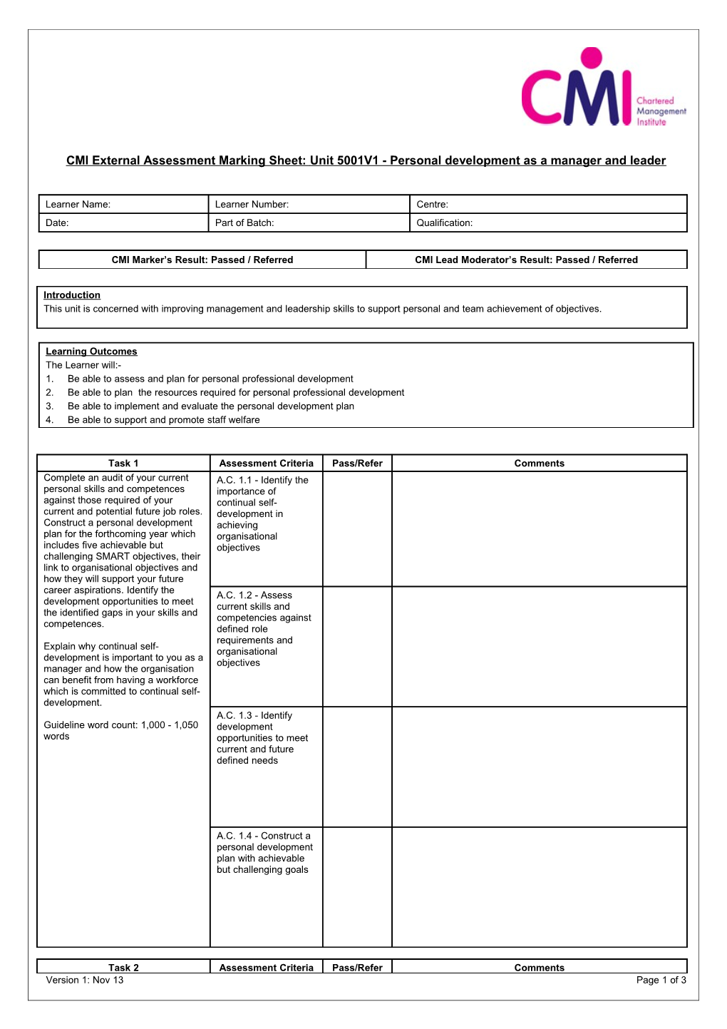 CMI External Assessment Marking Sheet:Unit 5001V1 - Personal Development As a Manager