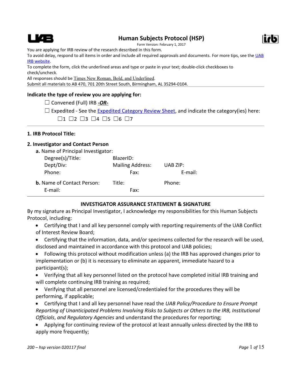 Human Subjects Protocol (FOR200)