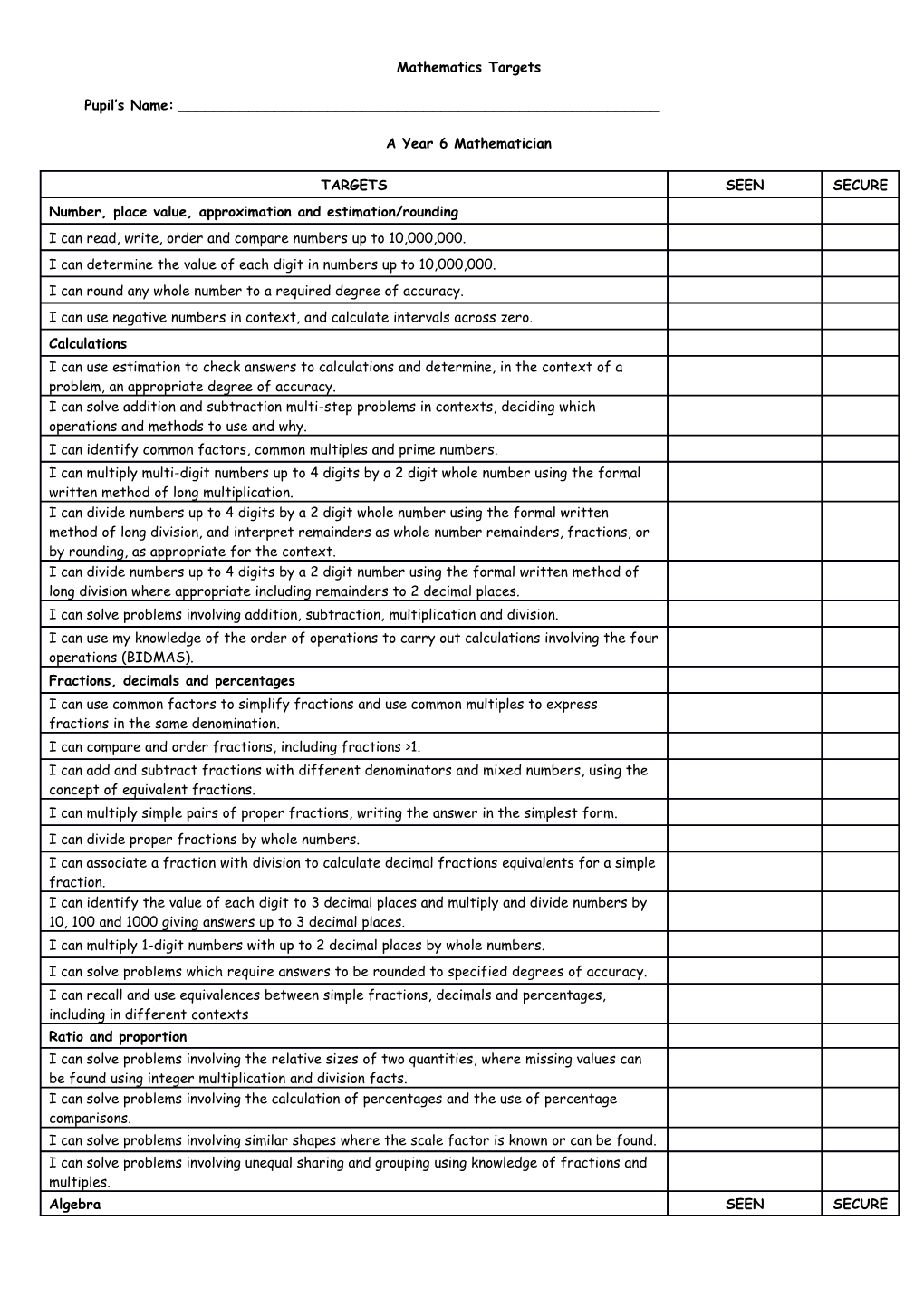 Maths Targets (Full) Pupil Sheets