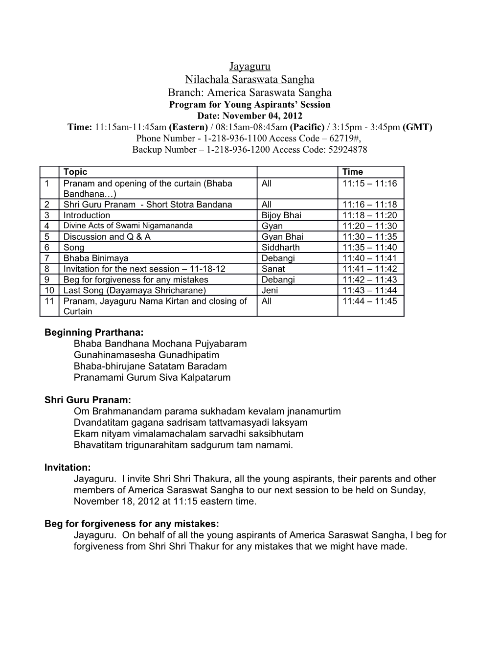 Program for Young Aspirants Session