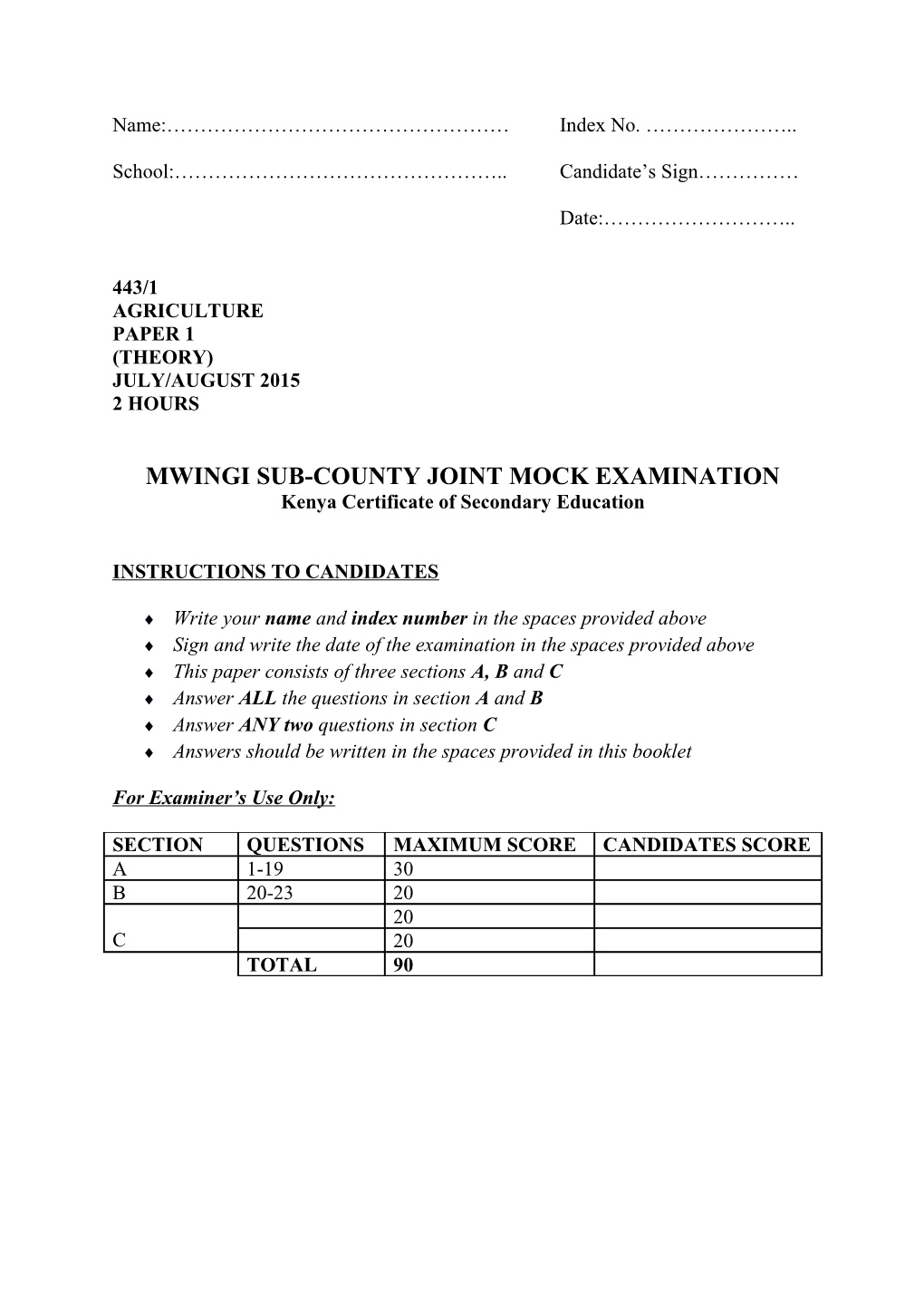 Mwingi Sub-County Joint Mock Examination