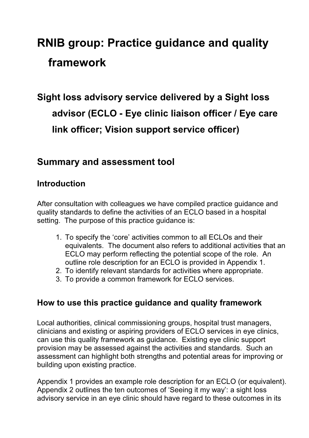 RNIB Group: Practice Guidance and Quality Framework