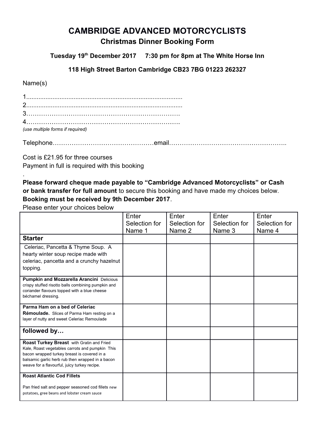 Christmas Dinner Booking Form