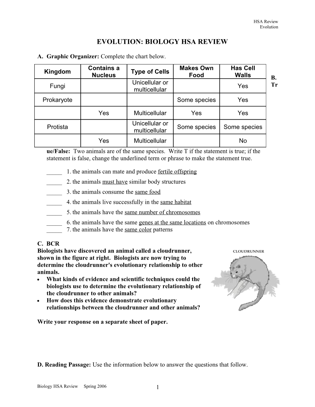 EVOLUTION: BIOLOGY Hsa REVIEW