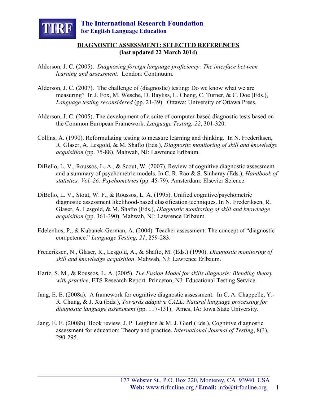 Diagnostic Assessment: Selected References