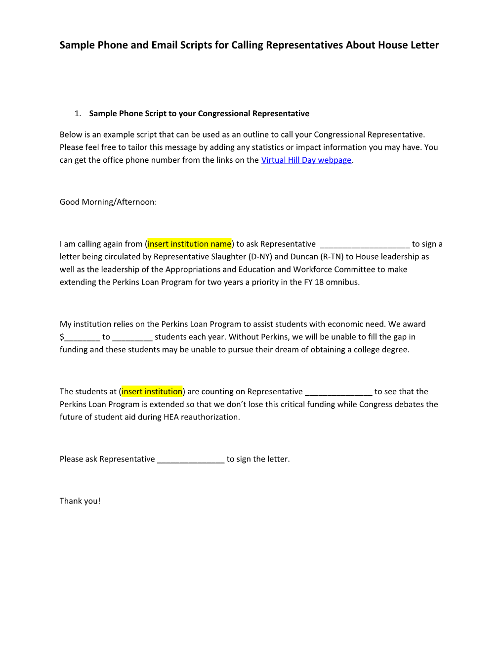 Sample Phone and Email Scripts for Calling Representatives About House Letter