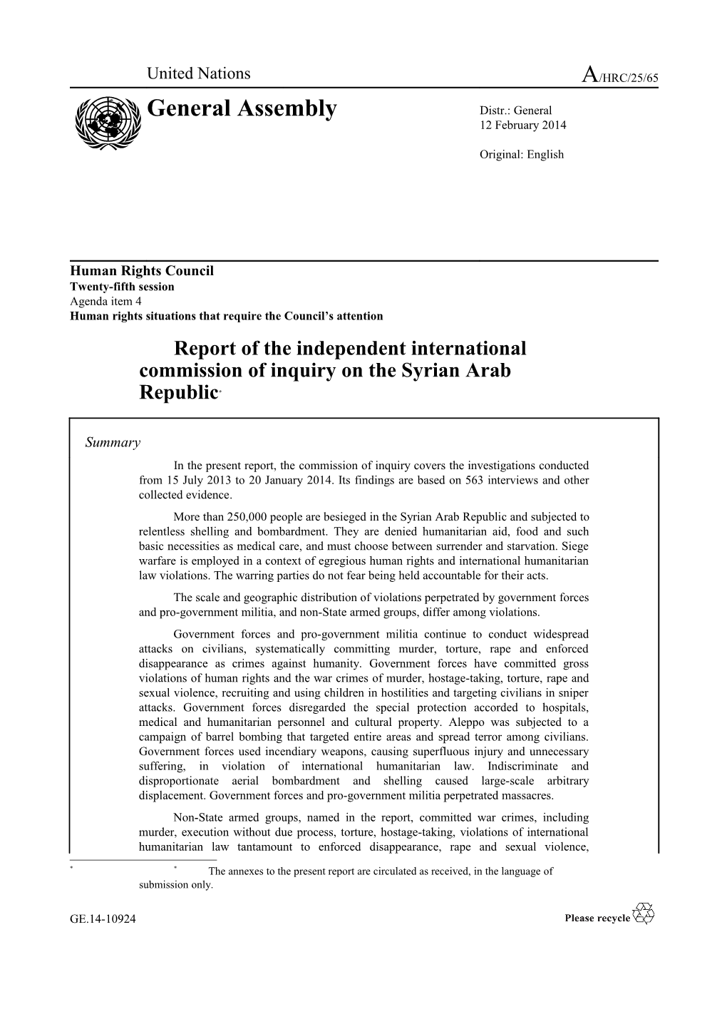 Updated Report on the Work of the Commission of Inquiry on the Situation in the Syrian
