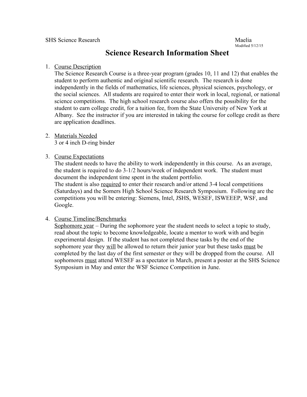 Science Research Information Sheet