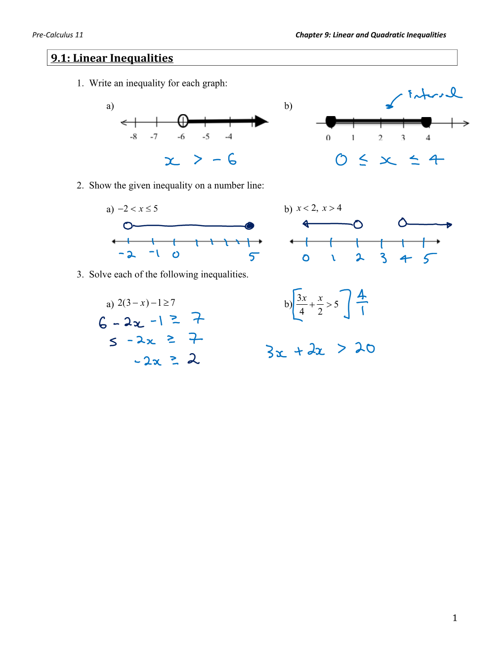 Pre-Calculus 11 Chapter 9: Linear and Quadratic Inequalities