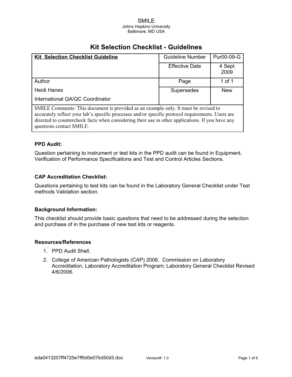 Kit Selection Checklist - Guidelines