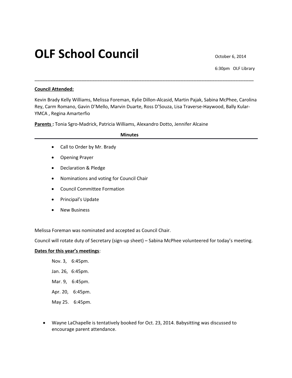OLF School Council October 6, 2014