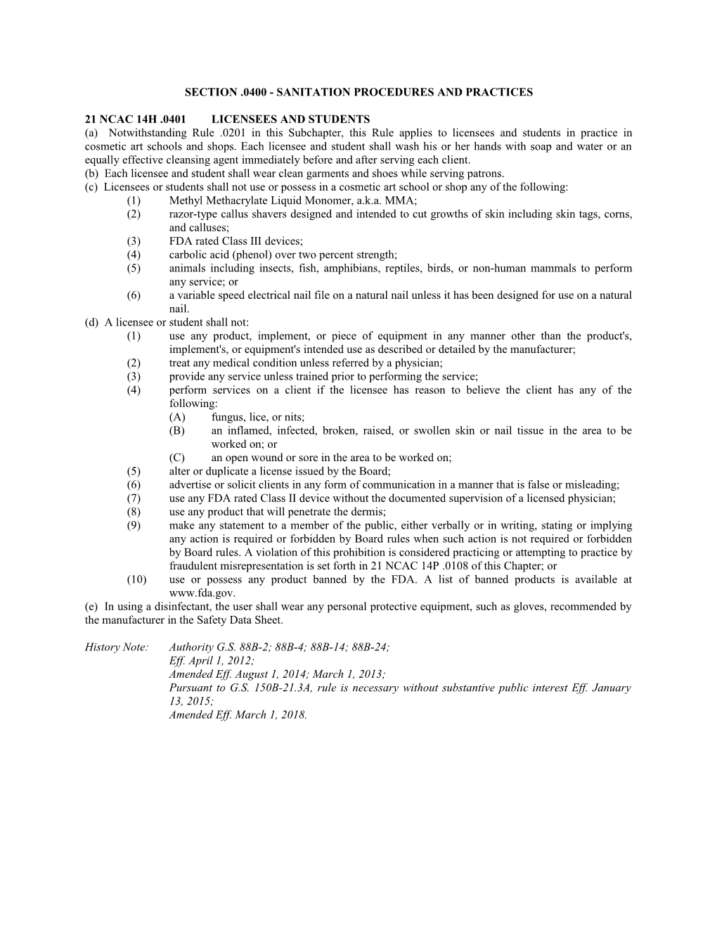 Section .0400 - Sanitation Procedures and Practices