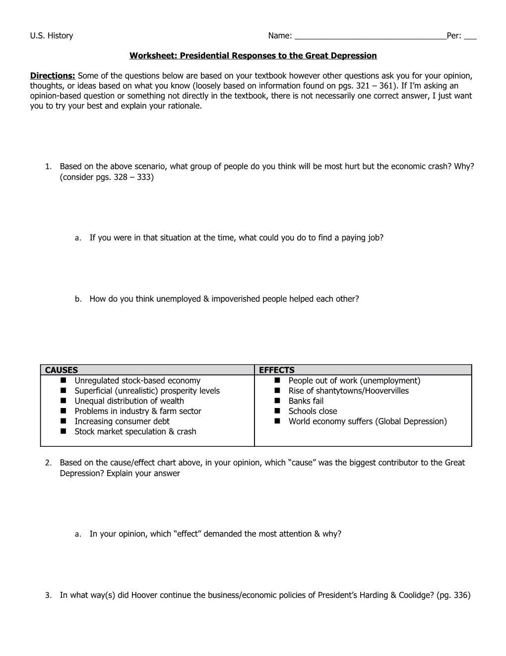 Worksheet: Presidential Responses to the Great Depression