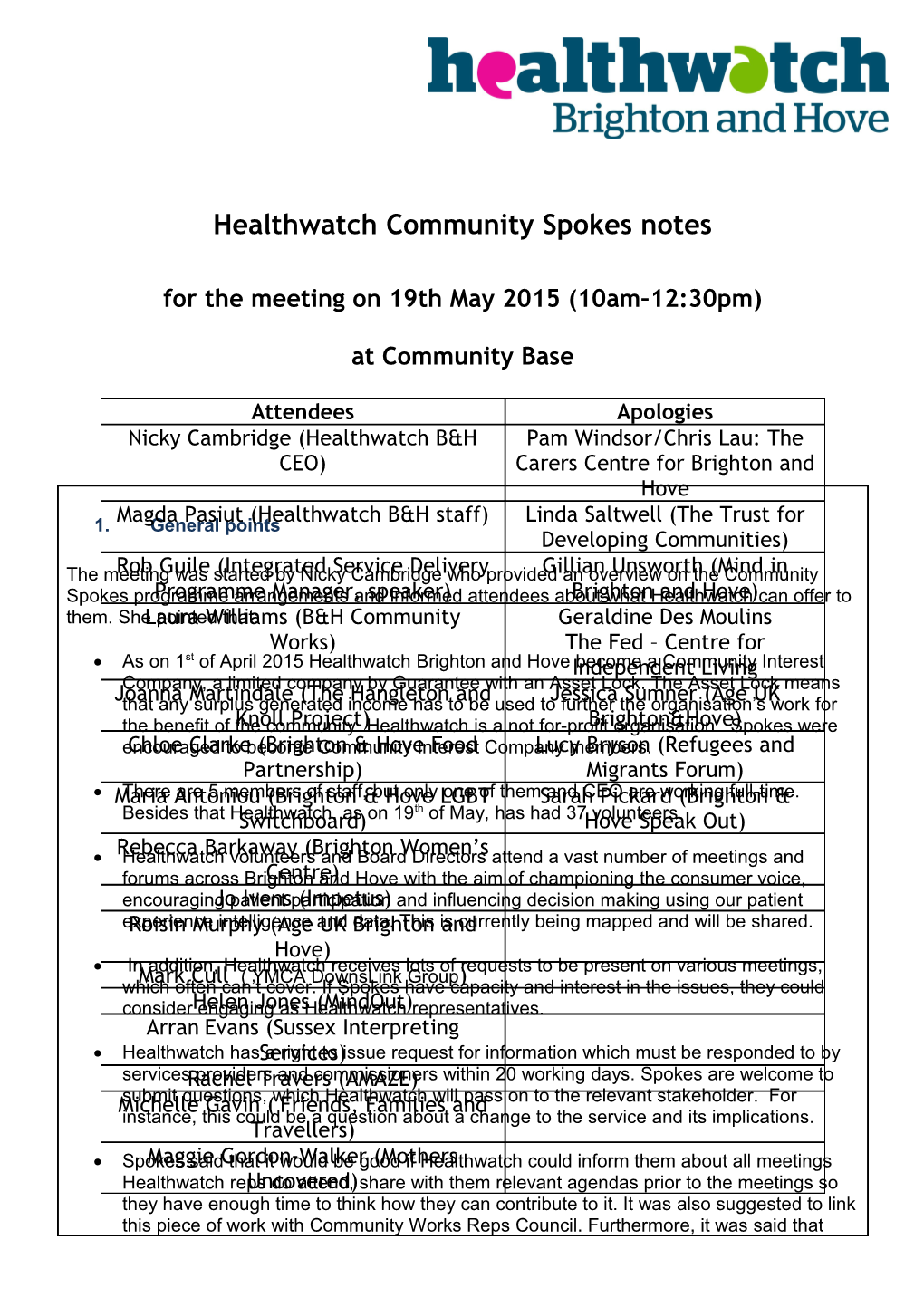 Healthwatch Community Spokes Notes