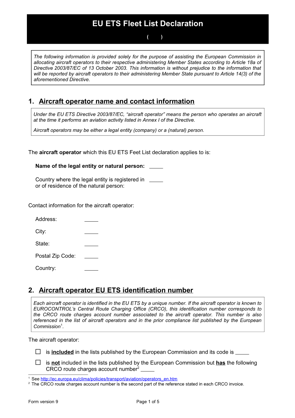 EU ETS Fleet List Declaration (Version 9)