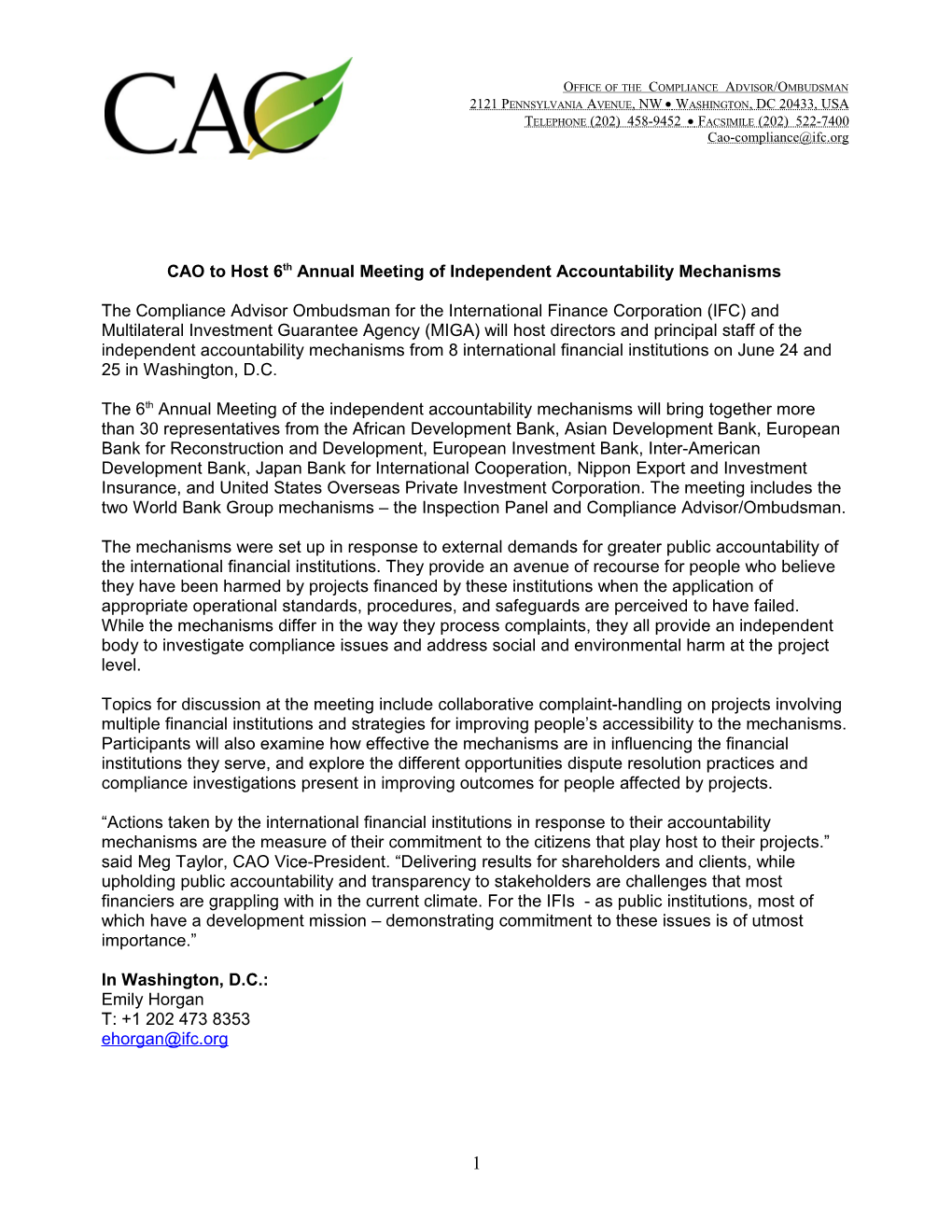 CAO to Host 6Th Annual Meeting of Independent Accountability Mechanisms