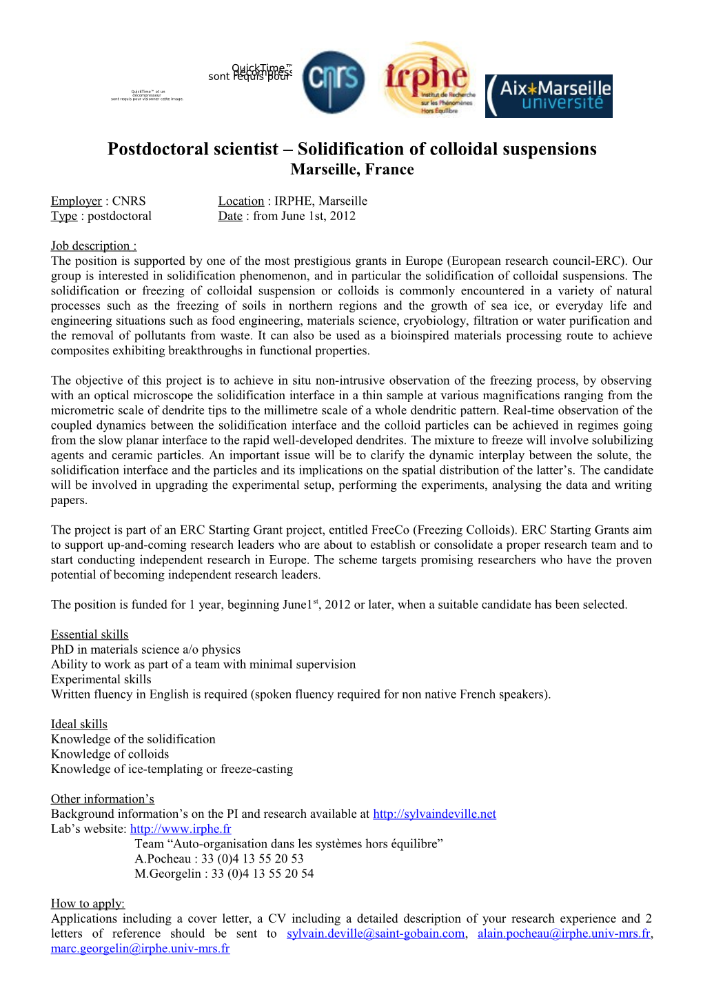 Postdoctoral Scientist Solidification of Colloidal Suspensions, Marseille, France