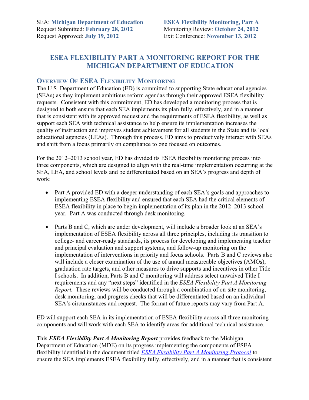 Michigan ESEA Flexibility Monitoring Part B Report