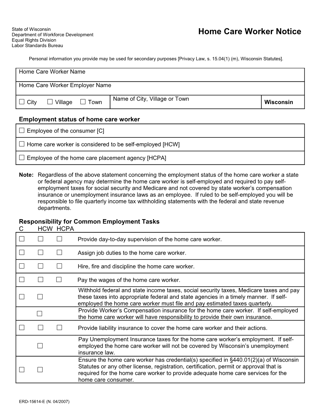 ERD-15614-E, Home Care Worker Notice
