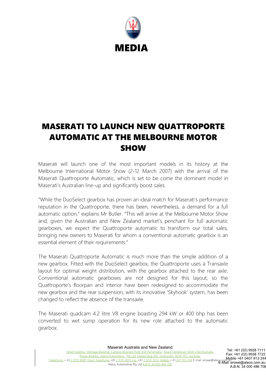 Maserati to Launch New Quattroporte Automatic at the Melbourne Motor Show