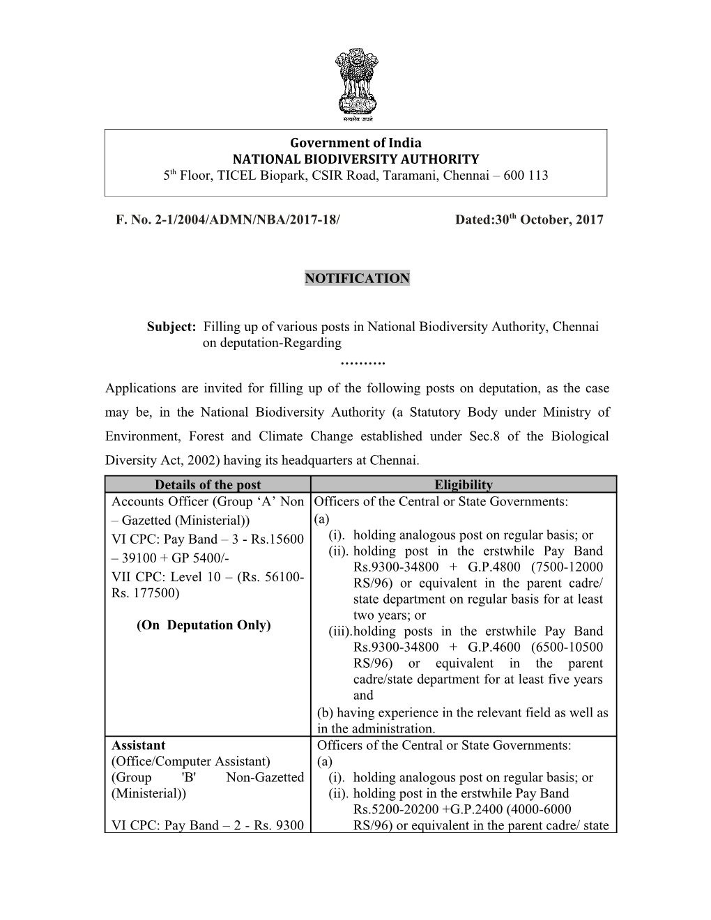 Subject: Filling up of Various Posts in National Biodiversity Authority, Chennai