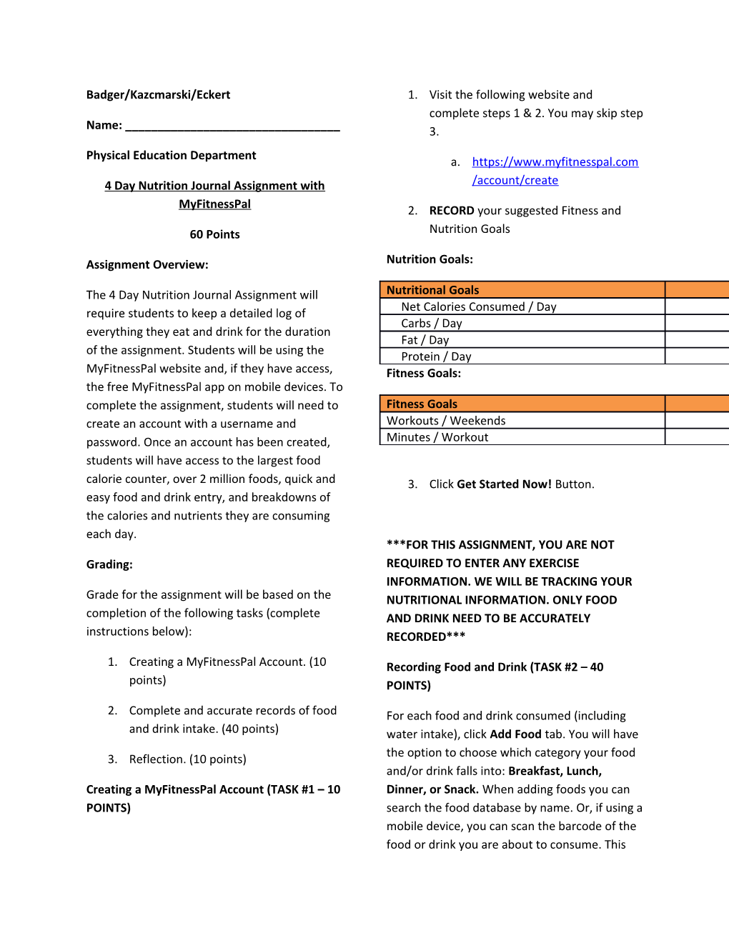 4 Day Nutrition Journal Assignment with Myfitnesspal