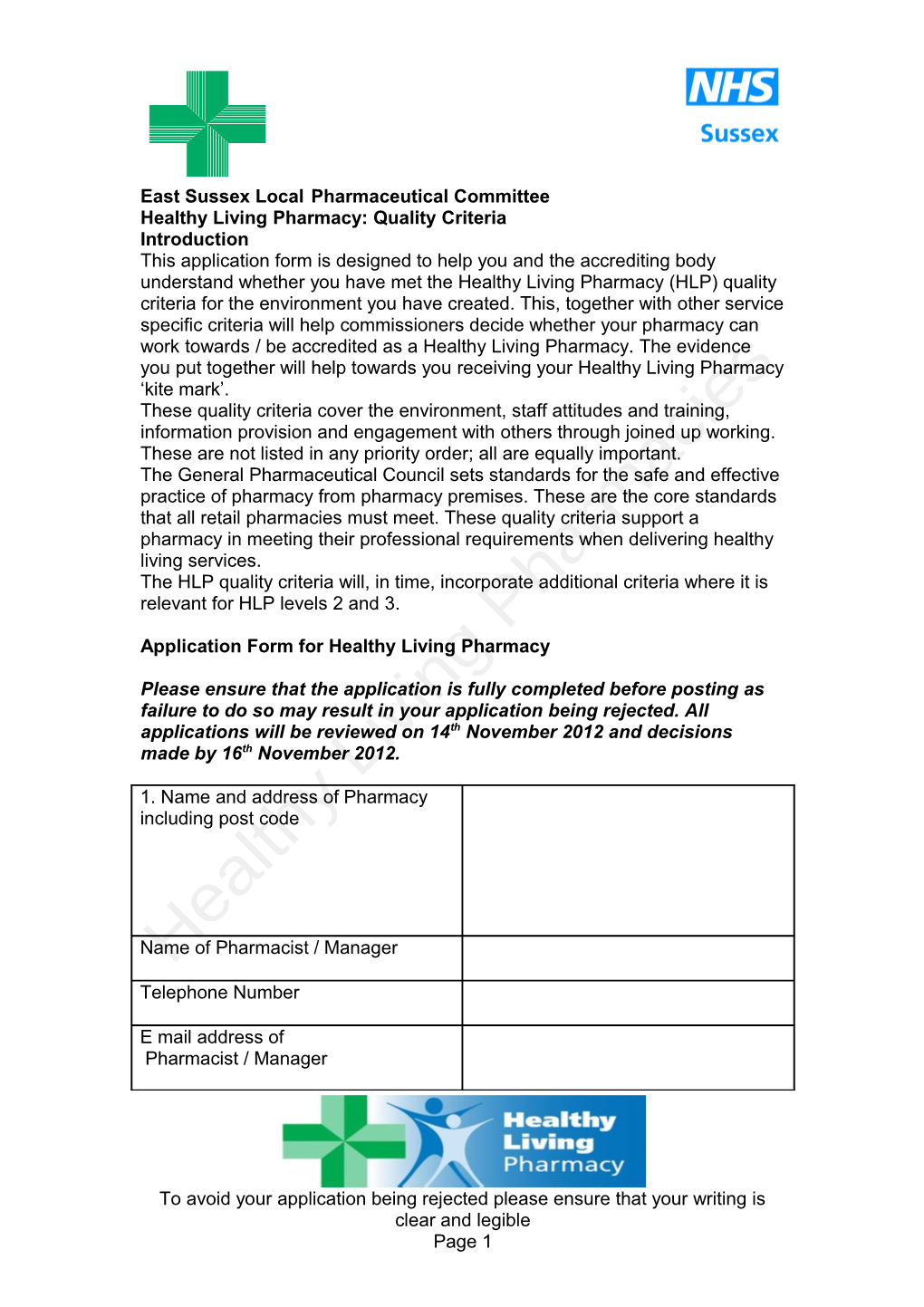 Application Form for Healthy Living Pharmacy