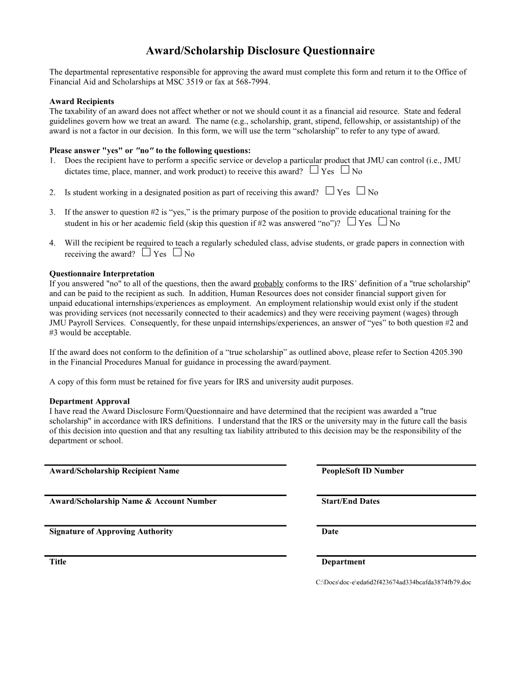 Fellowship Disclosure Form/Questionnaire