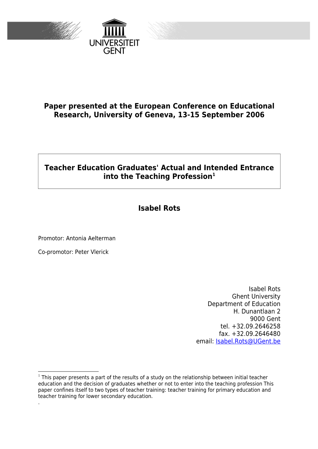 Paper Presented at the European Conference on Educational Research, University of Geneva