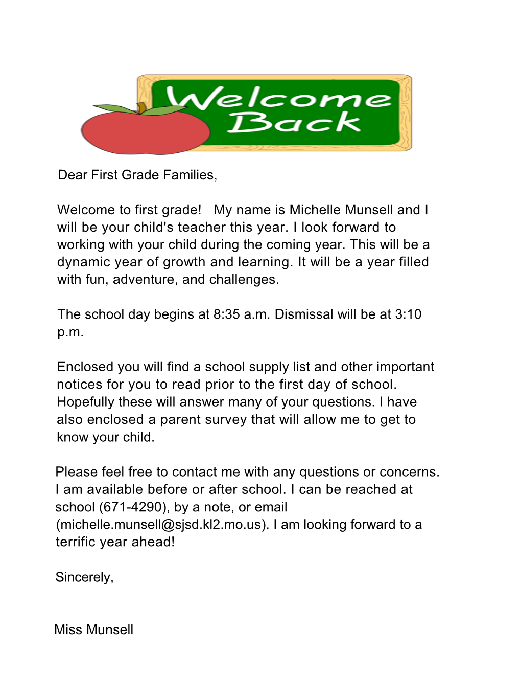 Dear First Grade Families