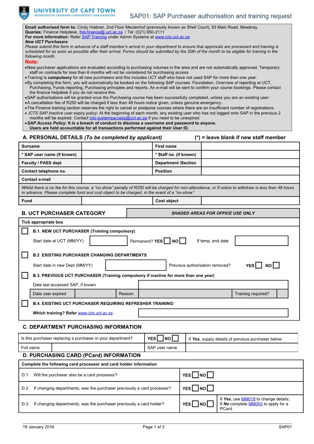 SAP01: SAP Purchaser Authorisation and Training Request