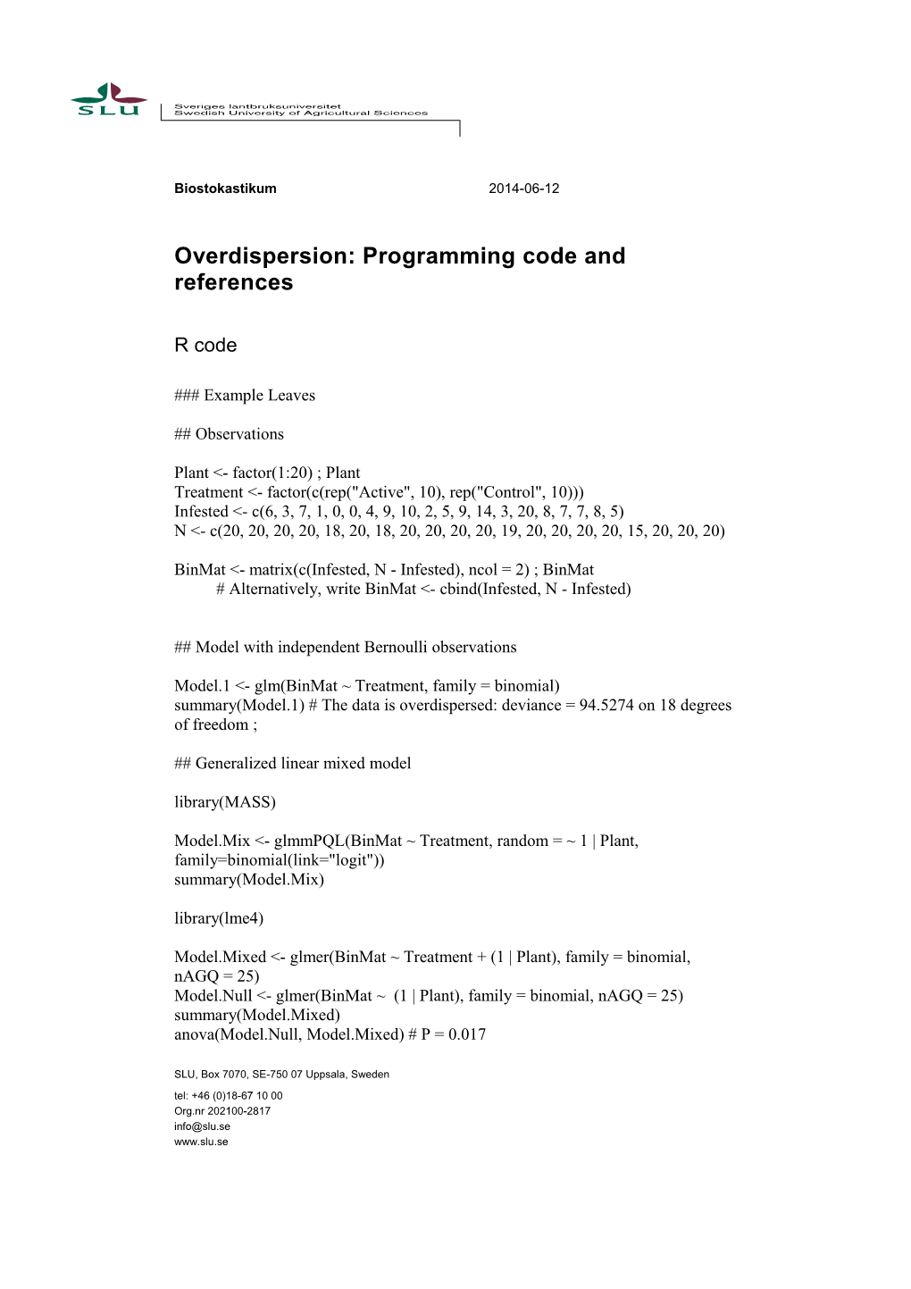 Overdispersion: Programming Code and References