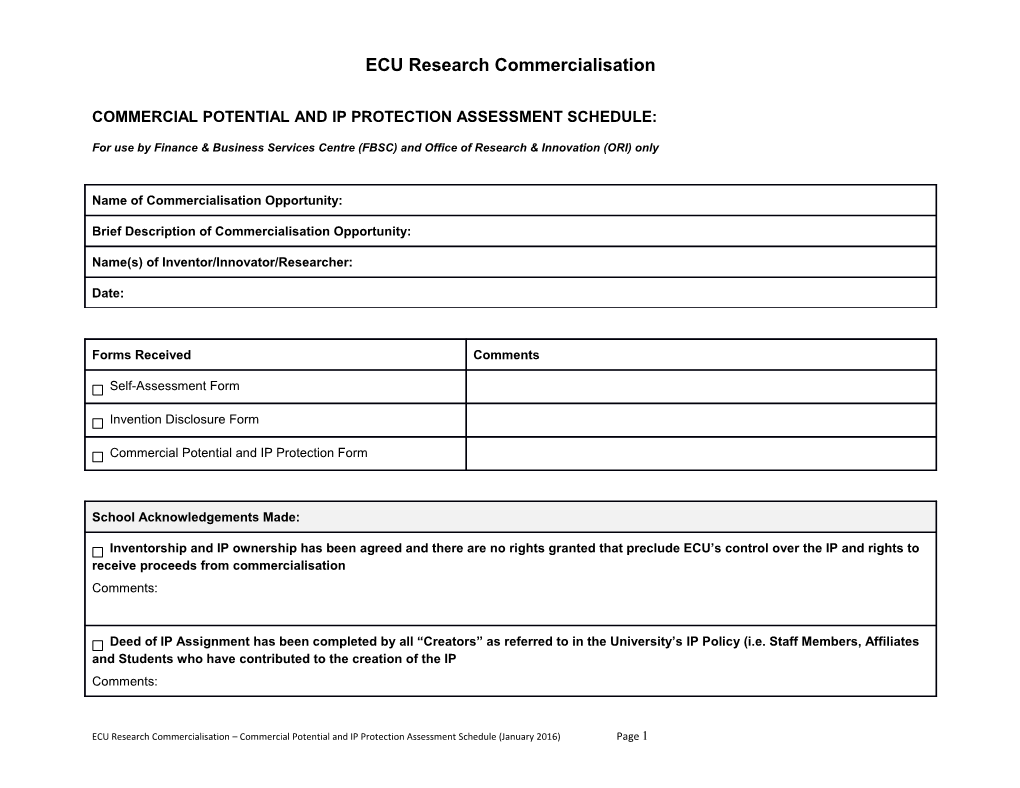 Commercial Potential and Ip Protection Assessment Schedule