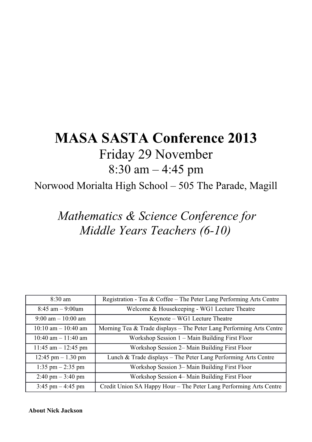 MASA Conference 2005 Proposed Program