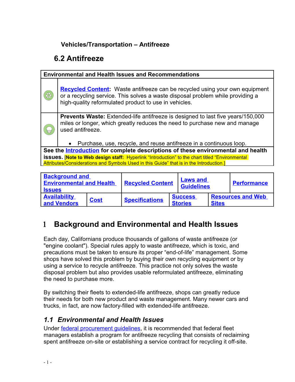 Antifreeze Section of the Environmentally Preferable Purchasing Best Practices Manual