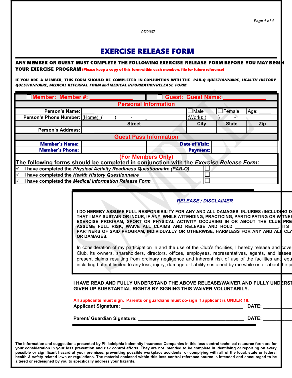 Exercise Release Form