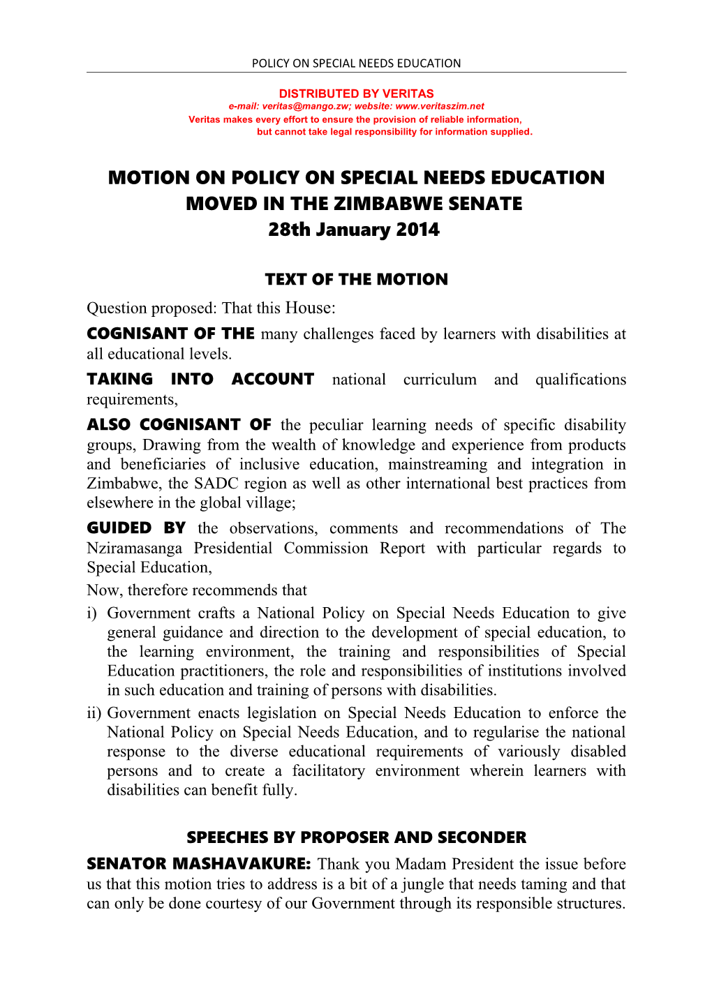 Policy on Special Needs Education