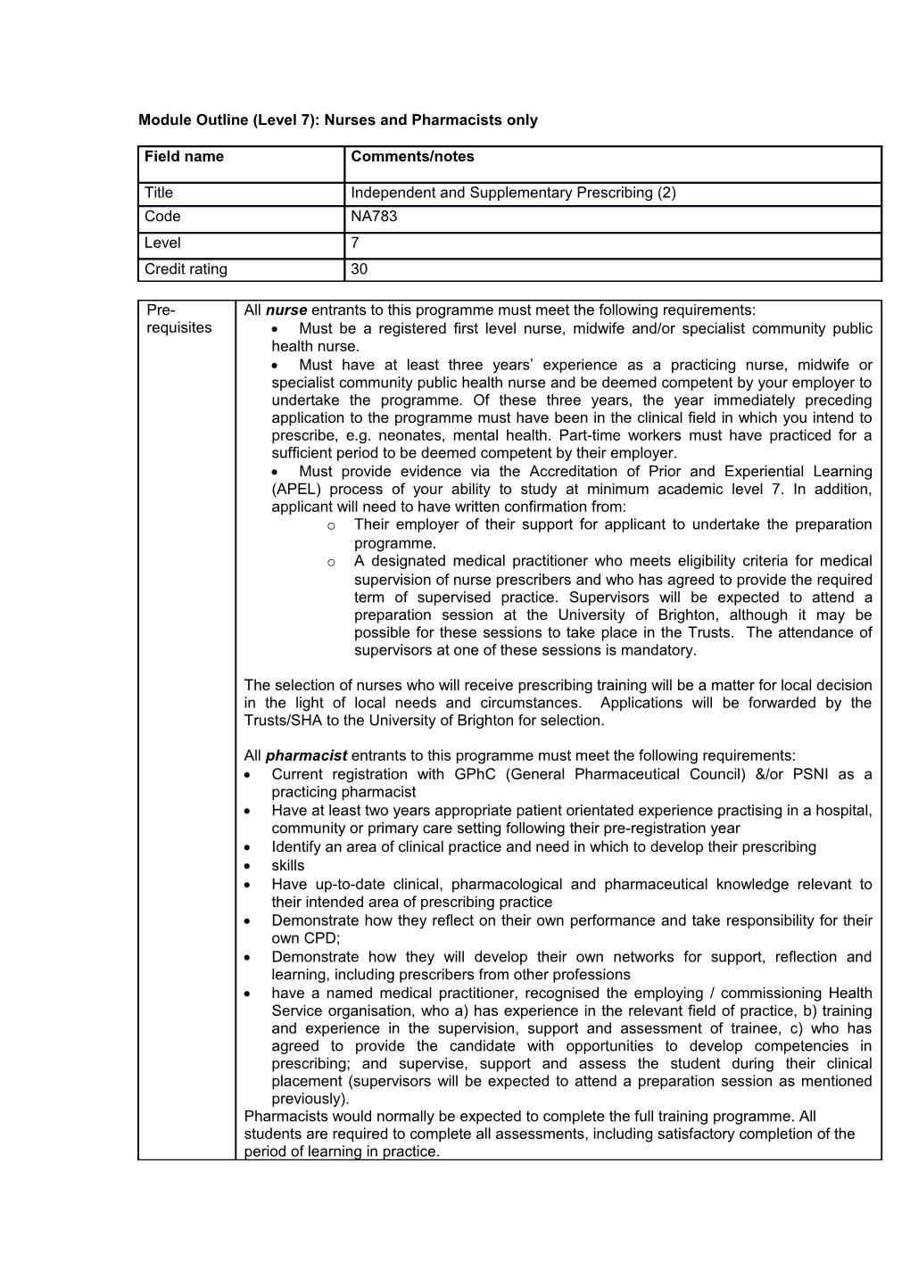 Module Outline (Masters Level): Nurses and Pharmacists Only