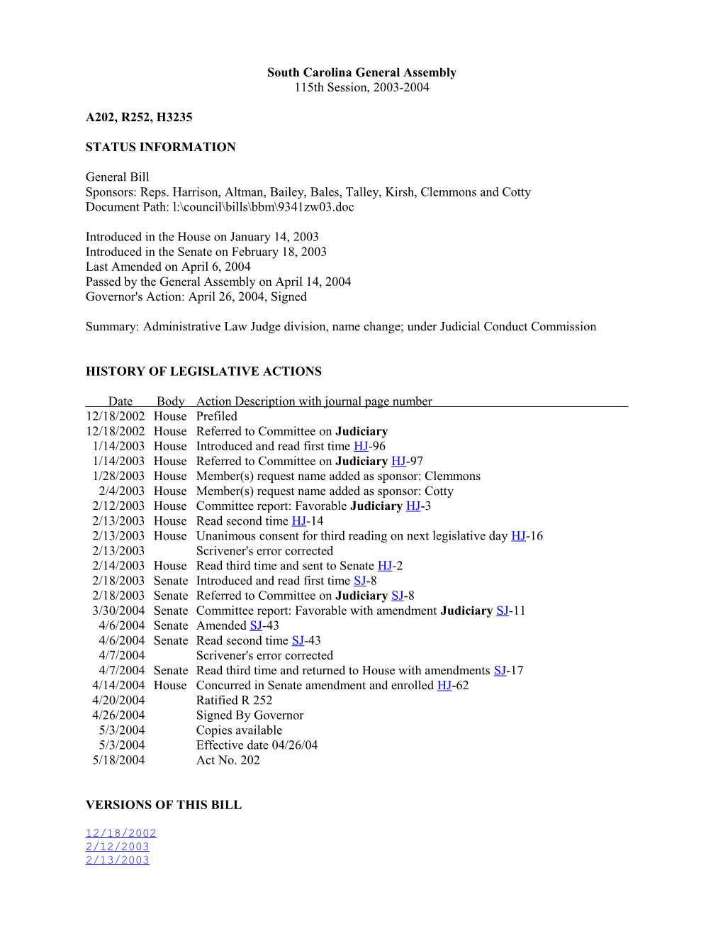 2003-2004 Bill 3235: Administrative Law Judge Division, Name Change; Under Judicial Conduct