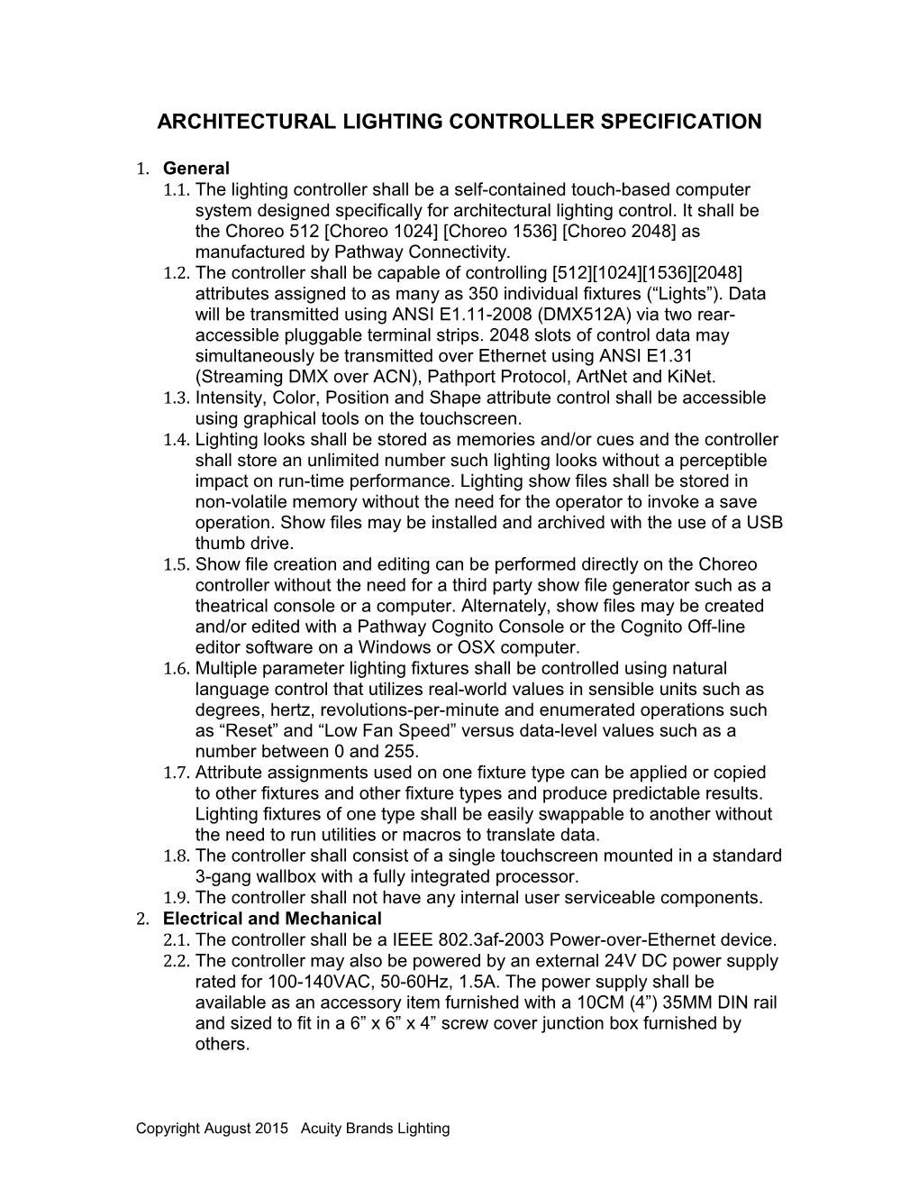 Architectural Lighting Controller Specification