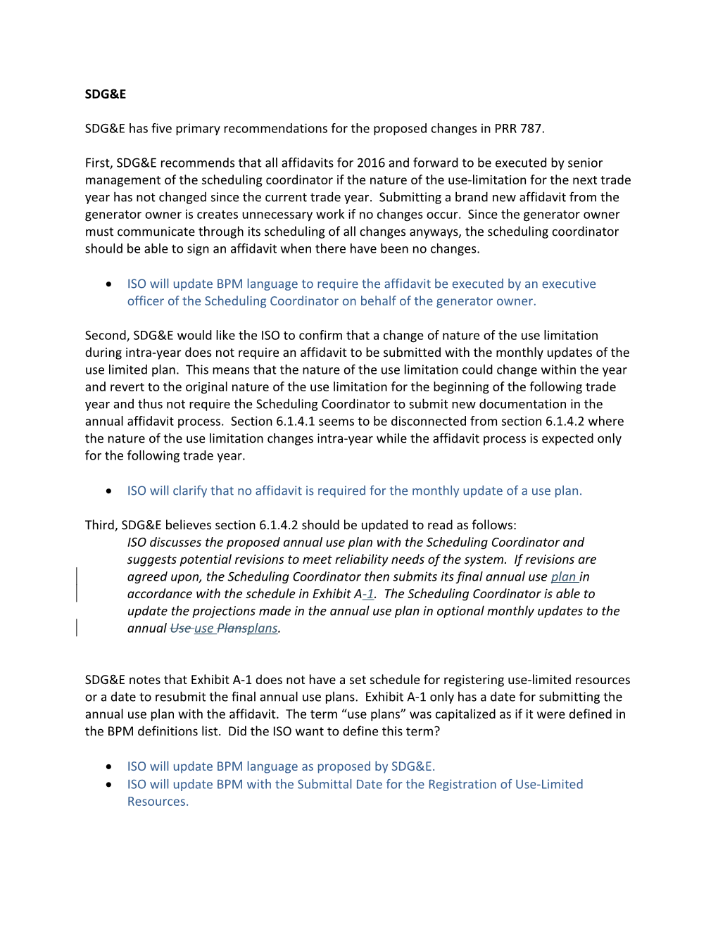 SDG&E Has Five Primary Recommendations for the Proposed Changes in PRR 787