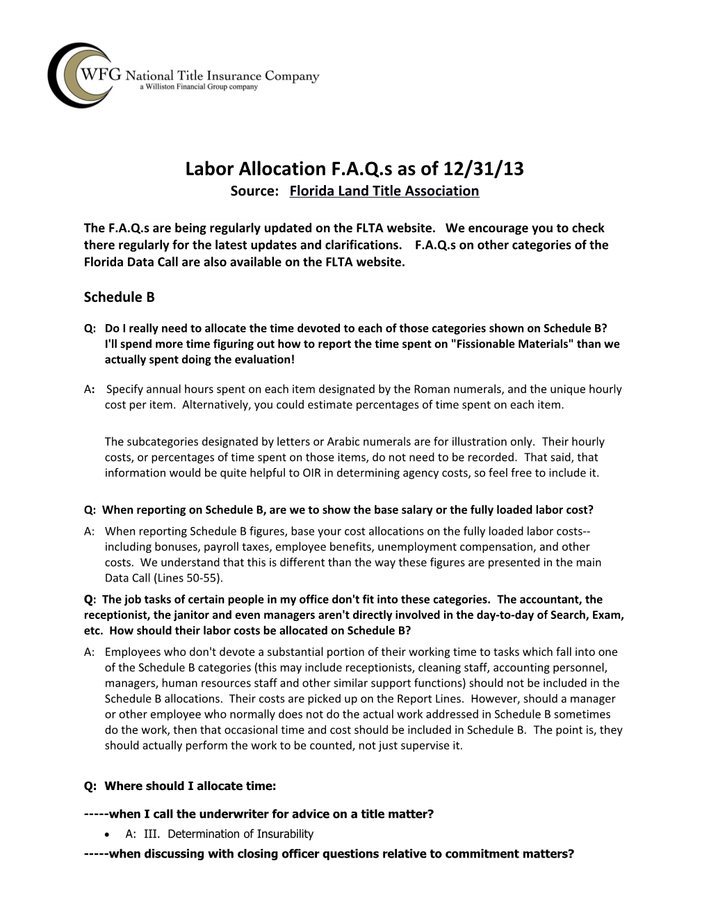 Labor Allocation F.A.Q.S As of 12/31/13Page 1