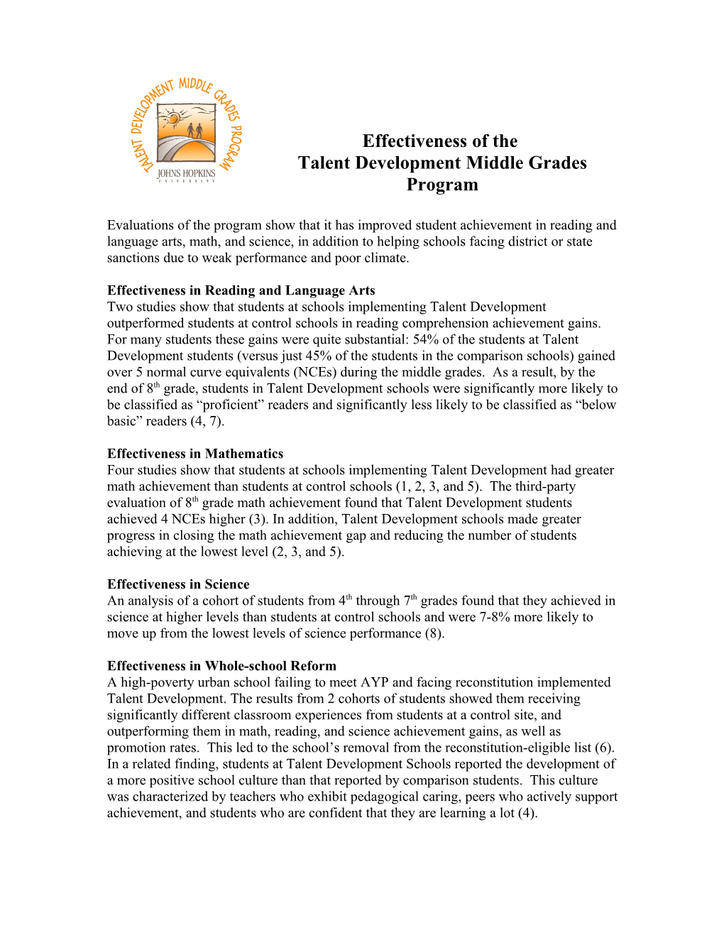 Effectiveness of Talent Development Middle Grades Program of Johns Hopkins University (1