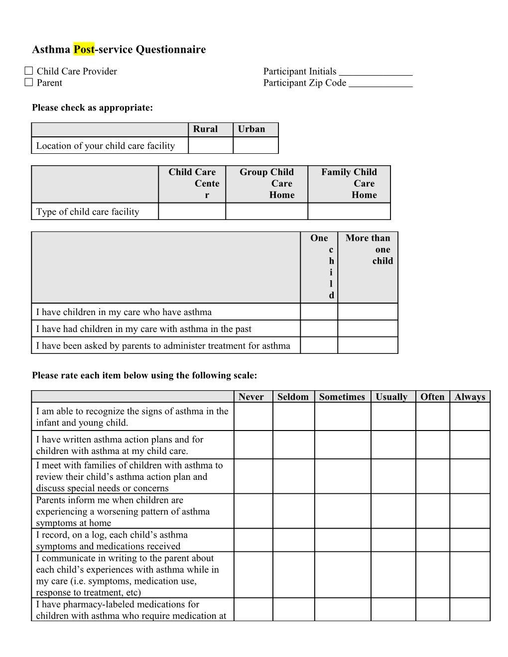 Asthma Pre-Service Questionnaire