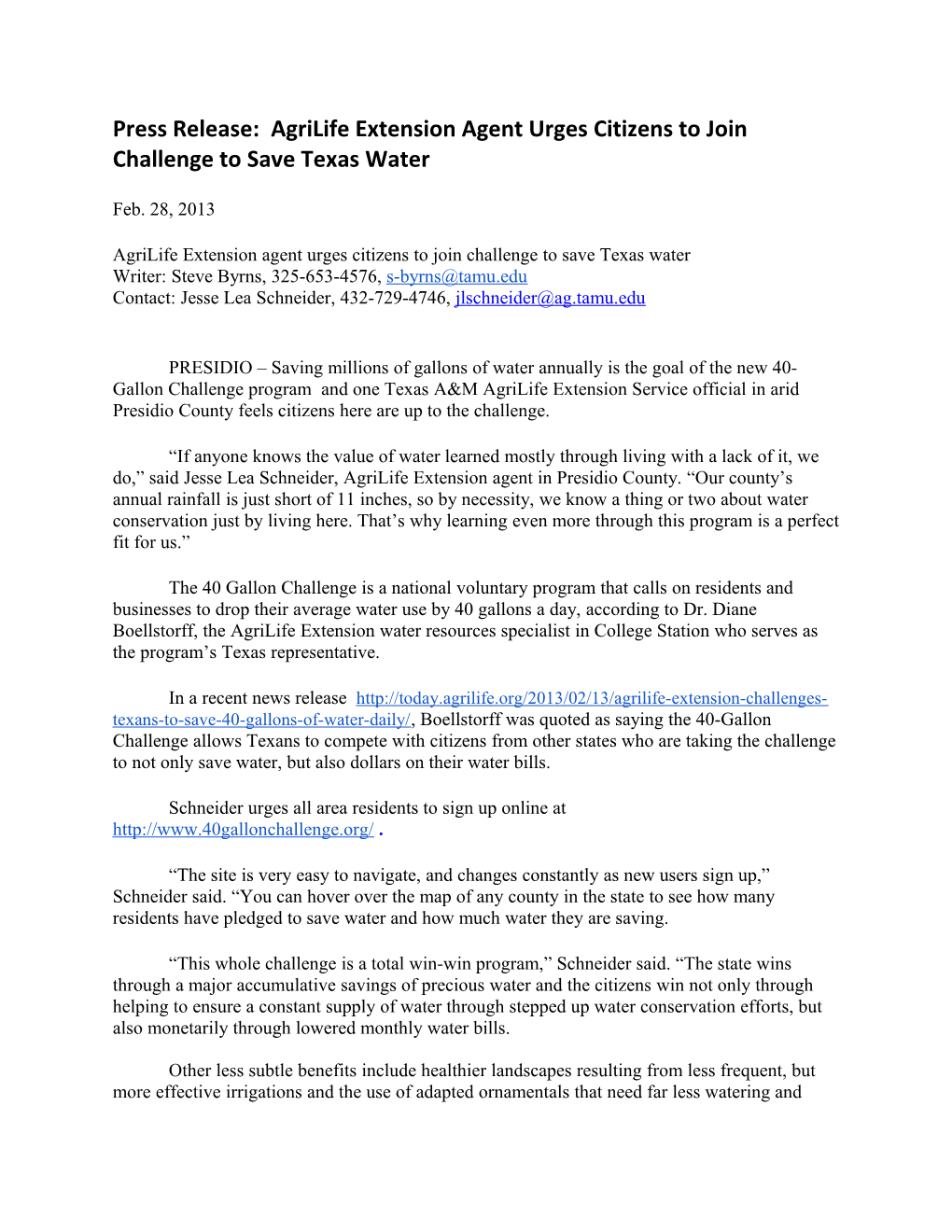 Press Release: Agrilife Extension Agent Urges Citizens to Join Challenge to Save Texas Water