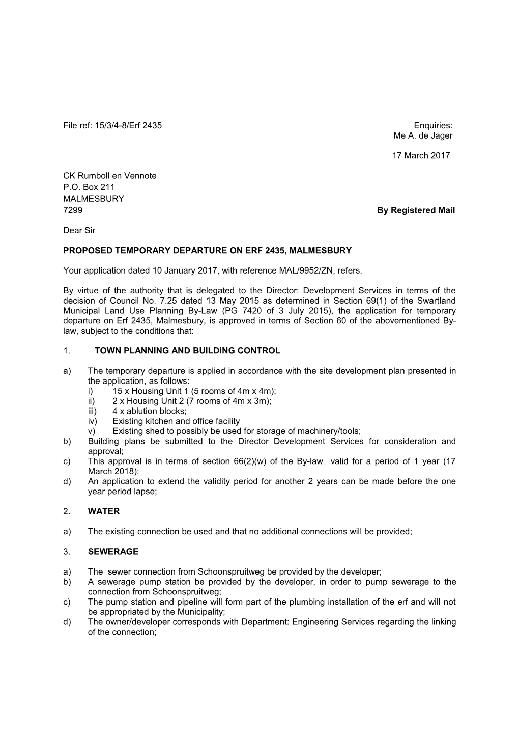 Proposed Temporary Departure Onerf 2435,Malmesbury